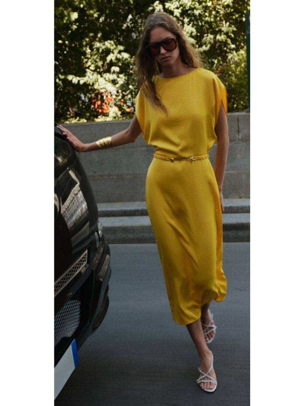 Zara Womens Dress S Yellow Satin Midi Belted Dolman sleeve Stretch 8747/511 NWT